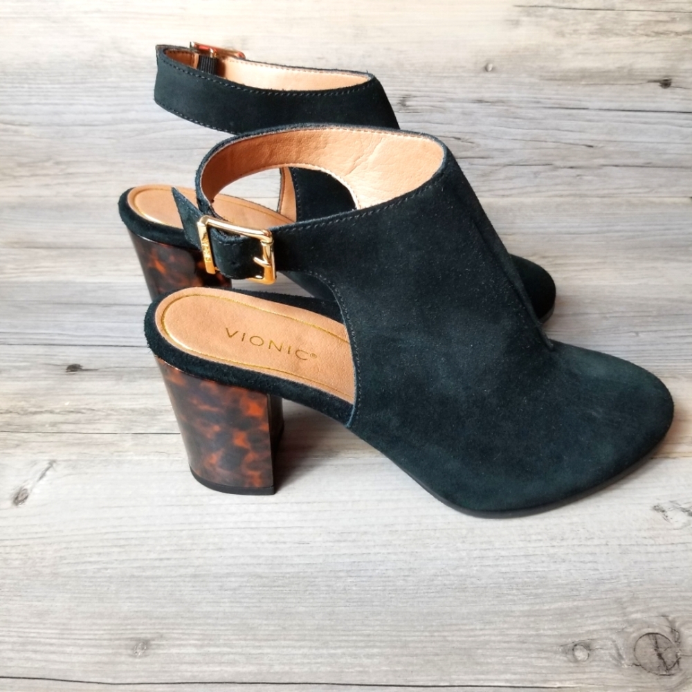 Vionic Lacey Suede Ankle Strap Tortoise Heel Booties NWOB